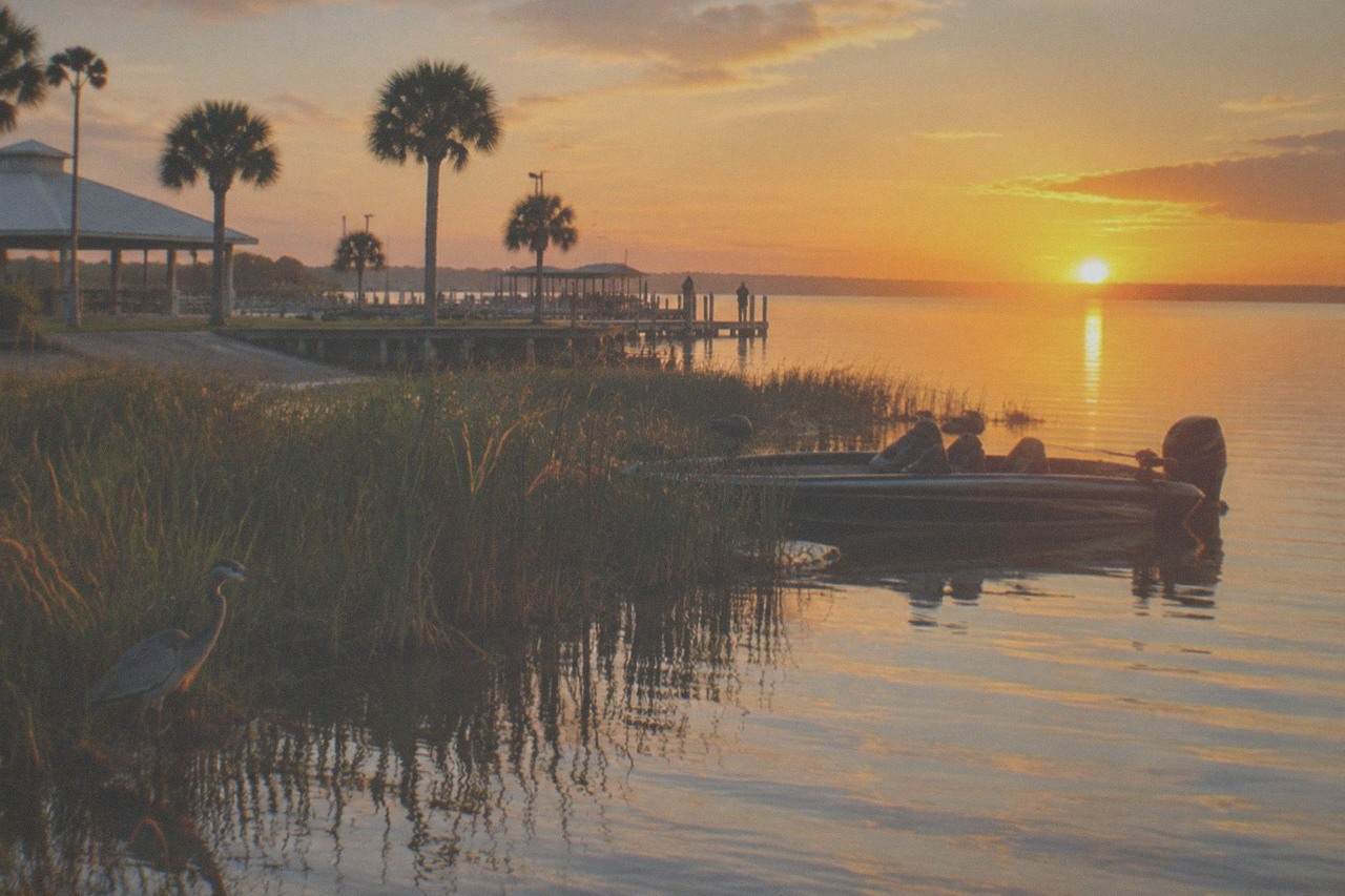 A calm Florida lake at sunrise with reed beds along the shore and a bass boat anchored near the vegetation