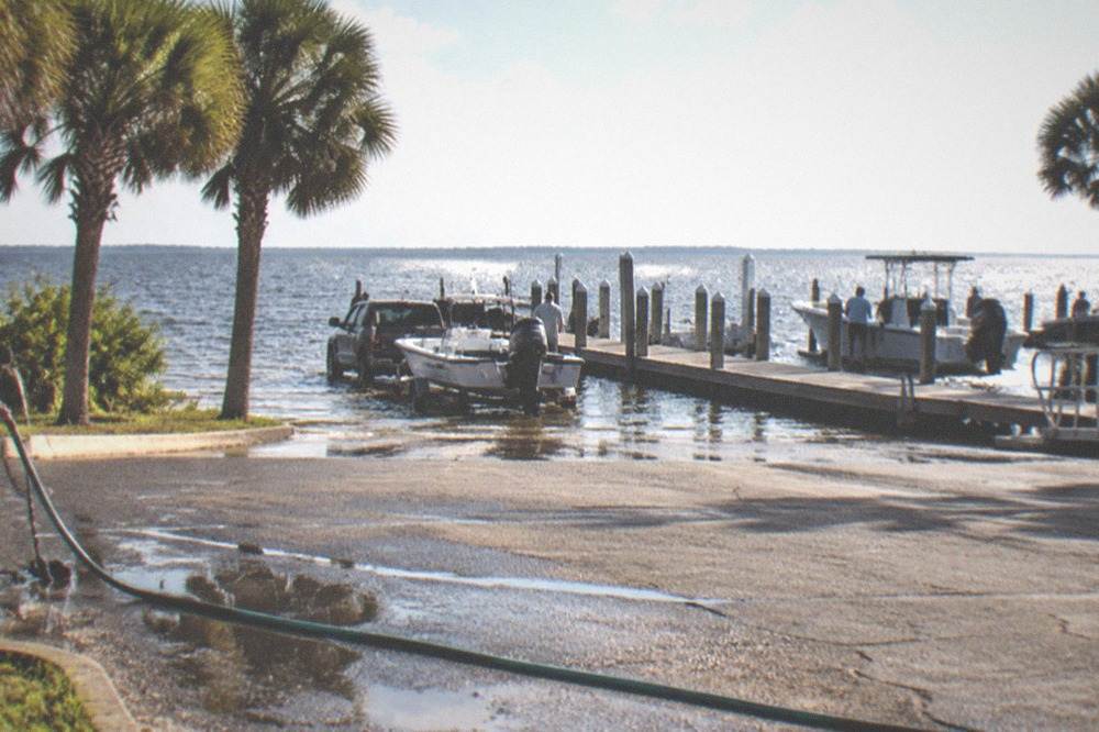 Boat ramp and marina dock on a Florida lake at midmorning