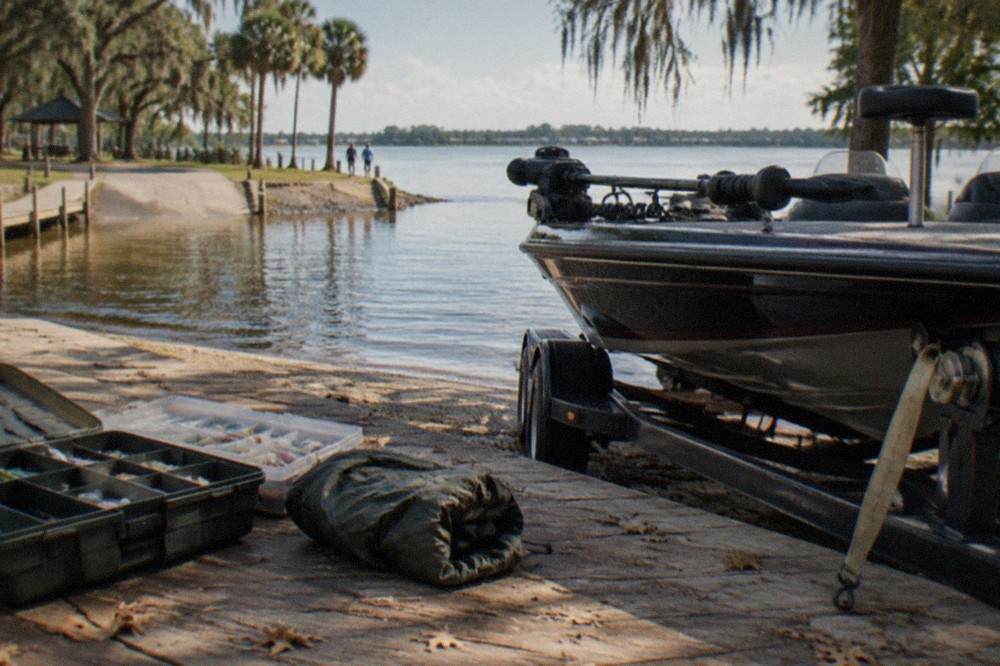Open tackle boxes and a rolled rain jacket laid out on a dock beside a bass boat